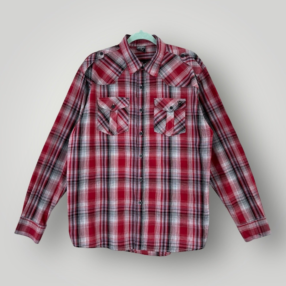 Avirex Western Red Plaid Shirt Mens Large Long Sleeve Cotton/Poly